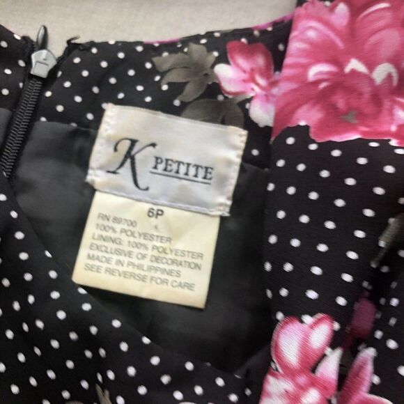 Vtg 90s Y2K K Petite Chiffon Black Polka Dot Dress 6P Pink Floral A Line Flirty - Picture 12 of 12